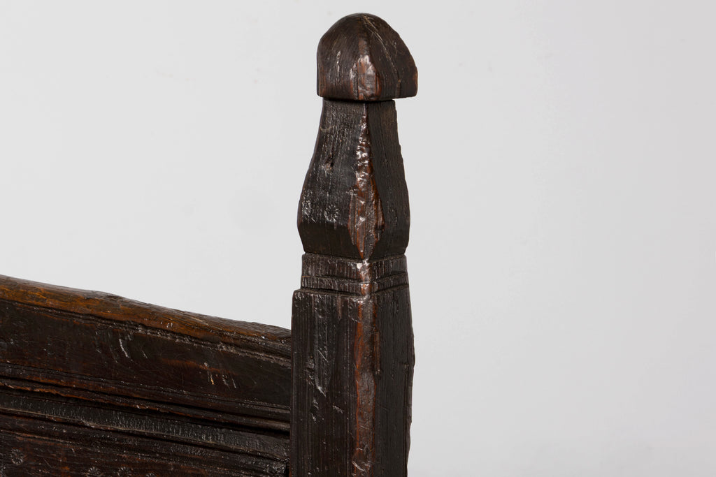 18th Century Spanish Rustic Oak Bench with Carved Panels and Dark Patina