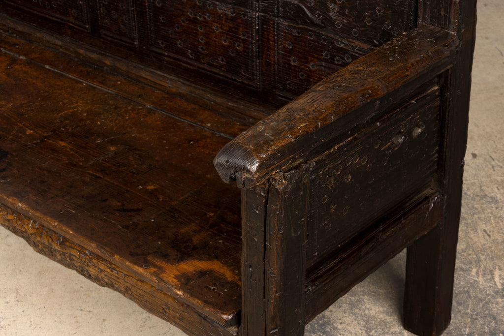 18th Century Spanish Rustic Oak Bench with Carved Panels and Dark Patina