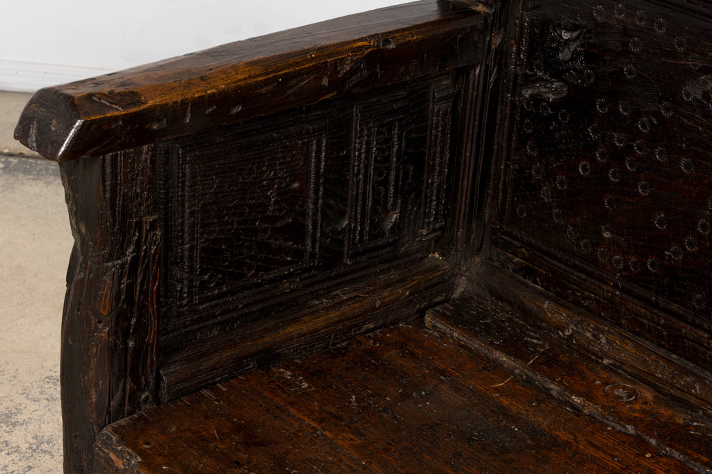 18th Century Spanish Rustic Oak Bench with Carved Panels and Dark Patina