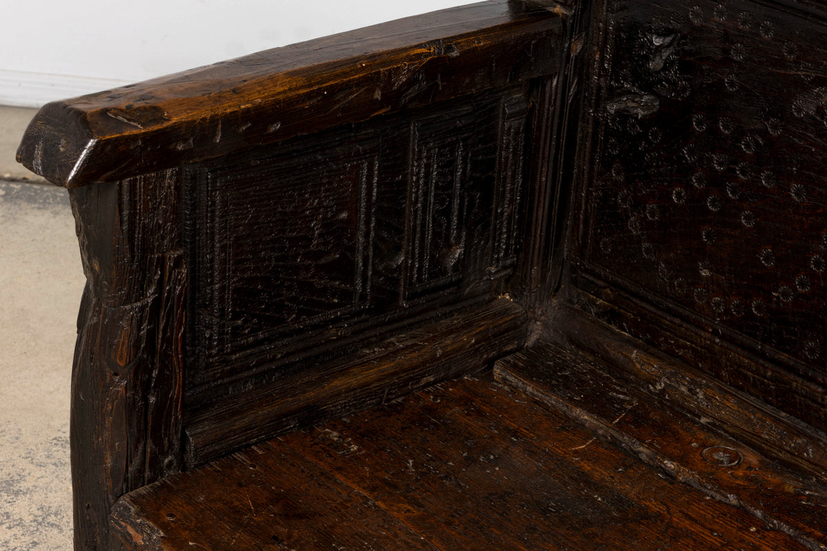 18th Century Spanish Rustic Oak Bench with Carved Panels and Dark Patina