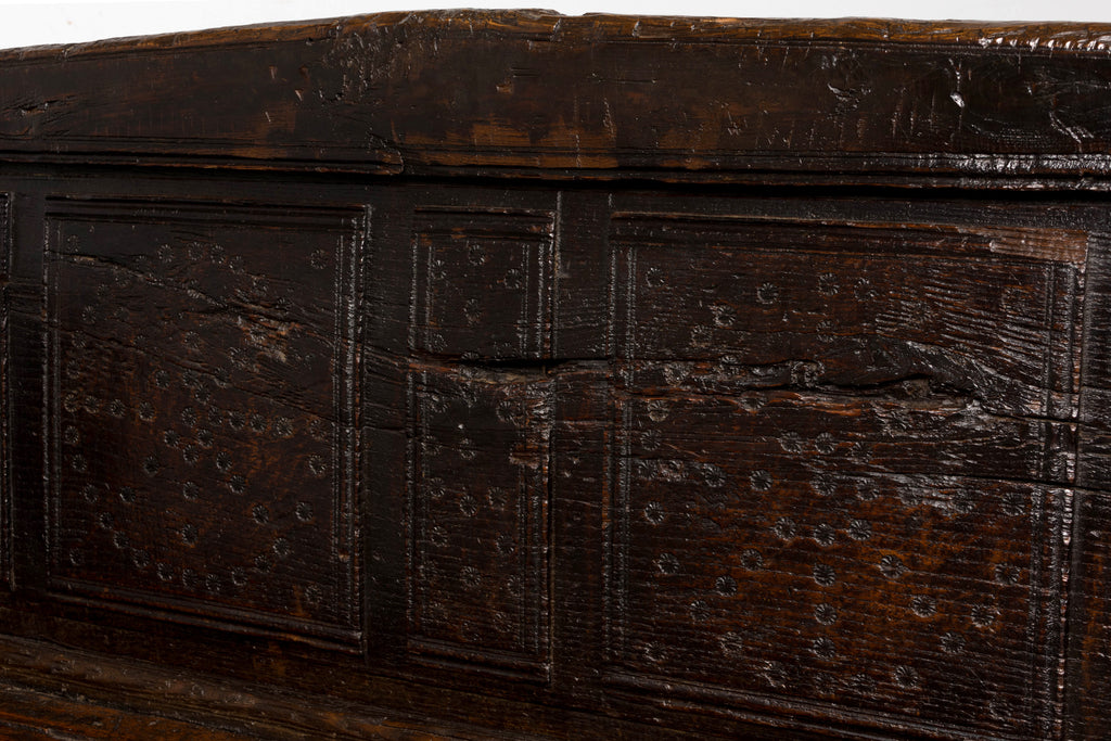 18th Century Spanish Rustic Oak Bench with Carved Panels and Dark Patina
