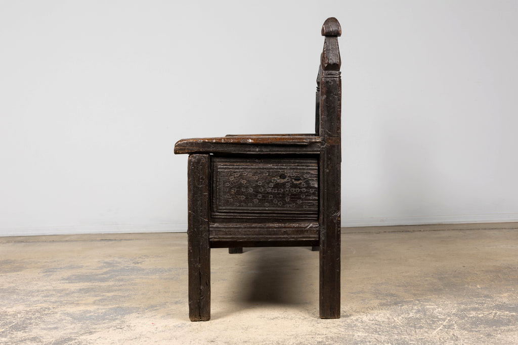 18th Century Spanish Rustic Oak Bench with Carved Panels and Dark Patina
