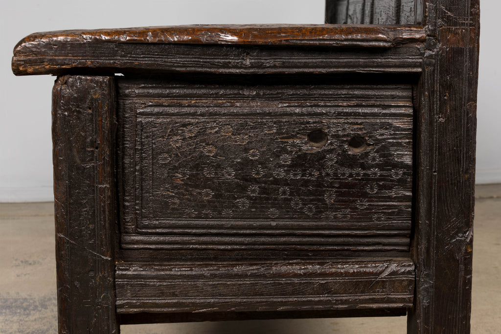 18th Century Spanish Rustic Oak Bench with Carved Panels and Dark Patina
