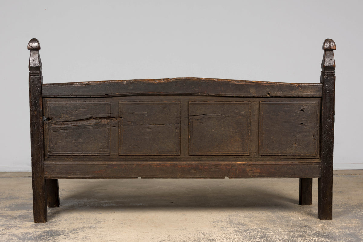 18th Century Spanish Rustic Oak Bench with Carved Panels and Dark Patina