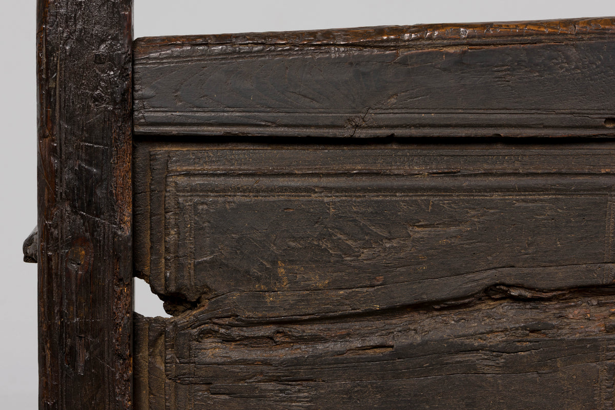 18th Century Spanish Rustic Oak Bench with Carved Panels and Dark Patina