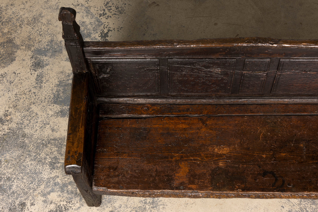 18th Century Spanish Rustic Oak Bench with Carved Panels and Dark Patina