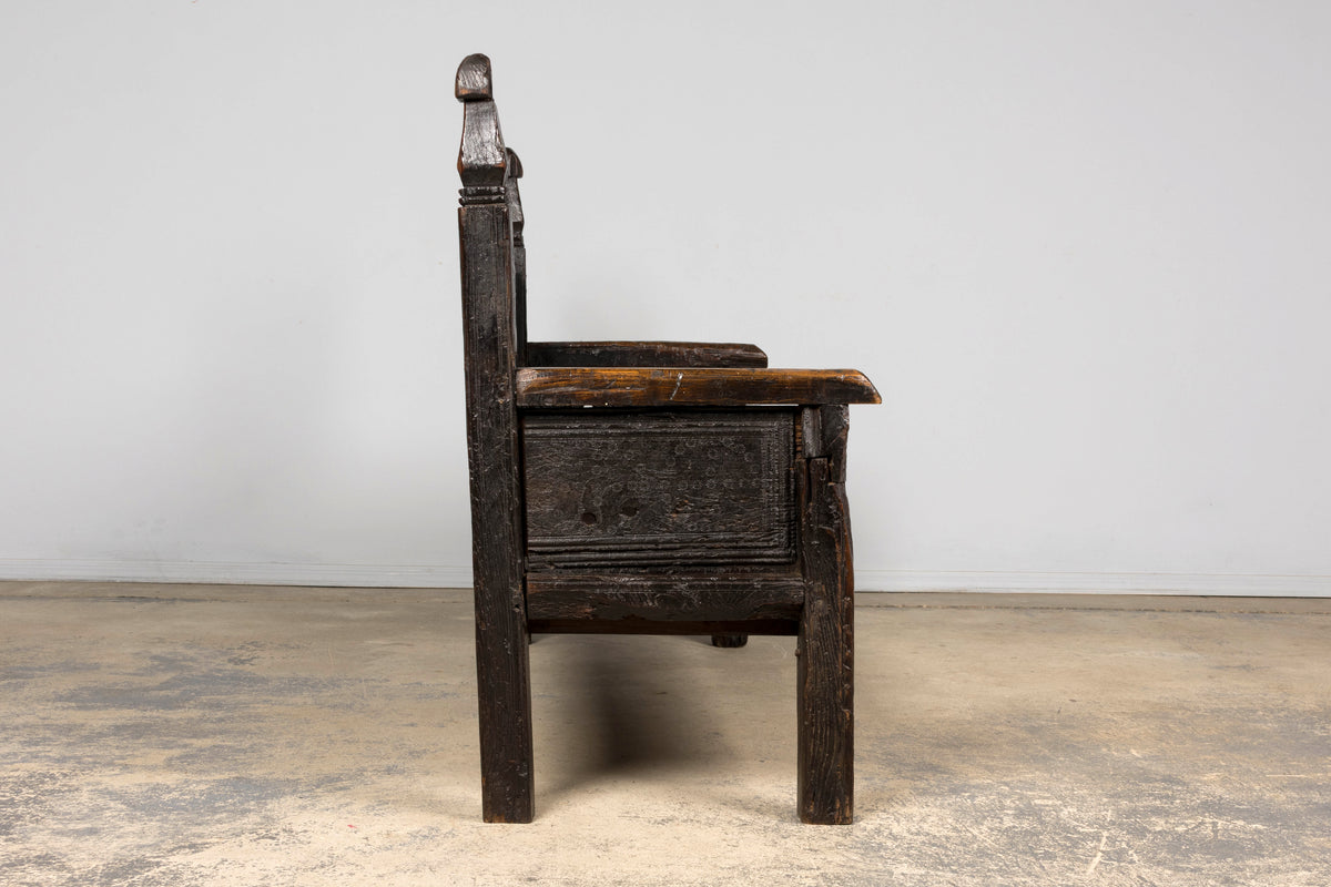 18th Century Spanish Rustic Oak Bench with Carved Panels and Dark Patina