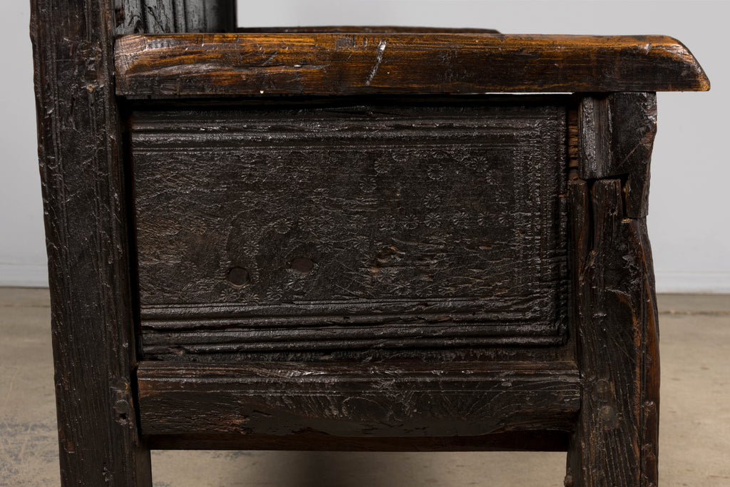 18th Century Spanish Rustic Oak Bench with Carved Panels and Dark Patina