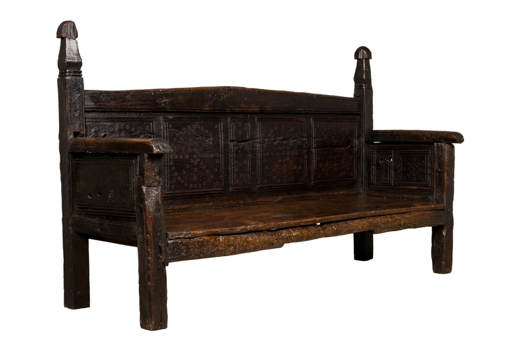 18th Century Spanish Rustic Oak Bench with Carved Panels and Dark Patina