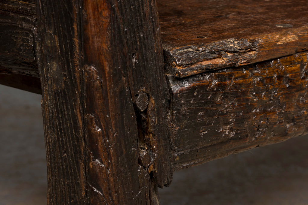 18th Century Spanish Rustic Oak Bench with Carved Panels and Dark Patina