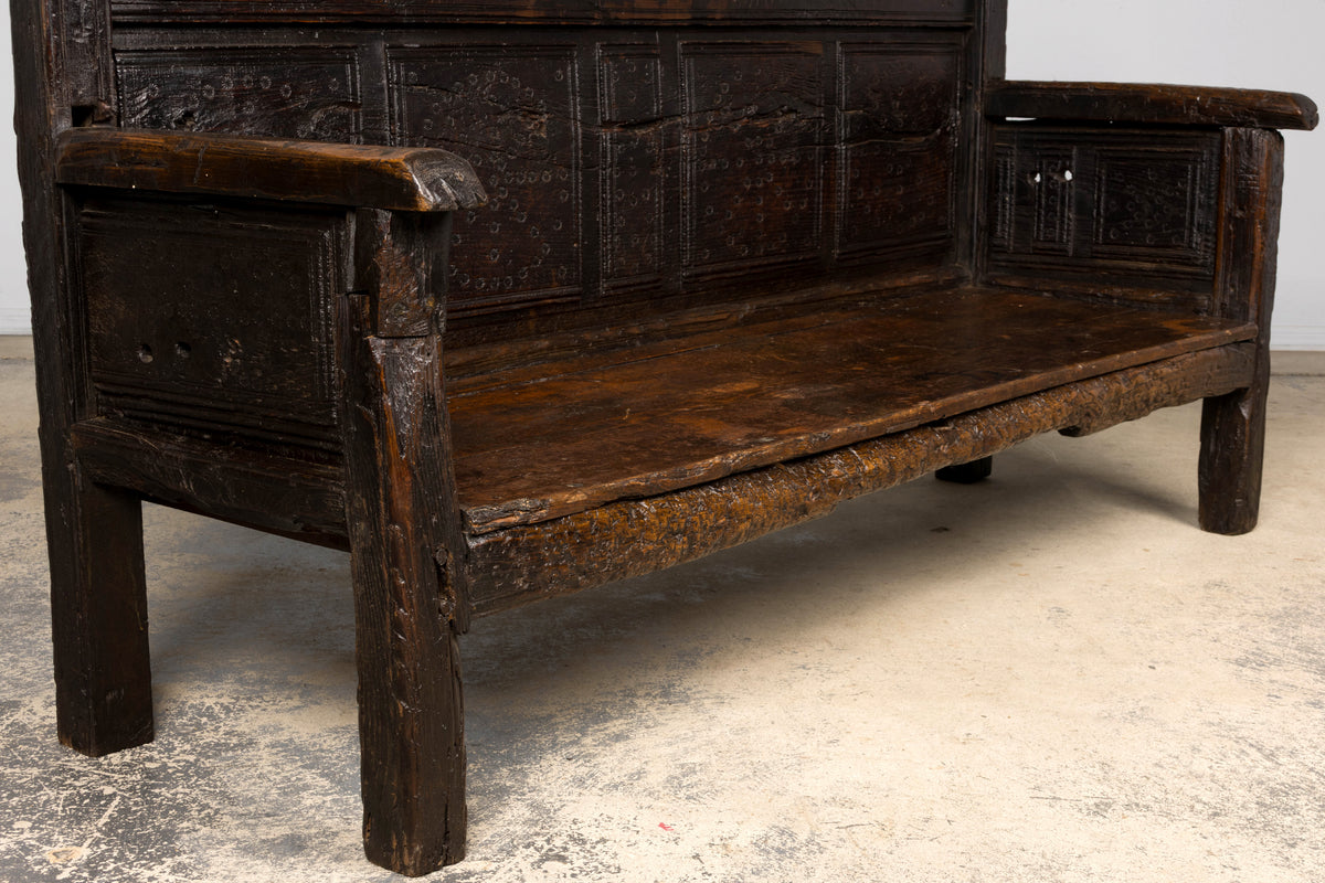 18th Century Spanish Rustic Oak Bench with Carved Panels and Dark Patina