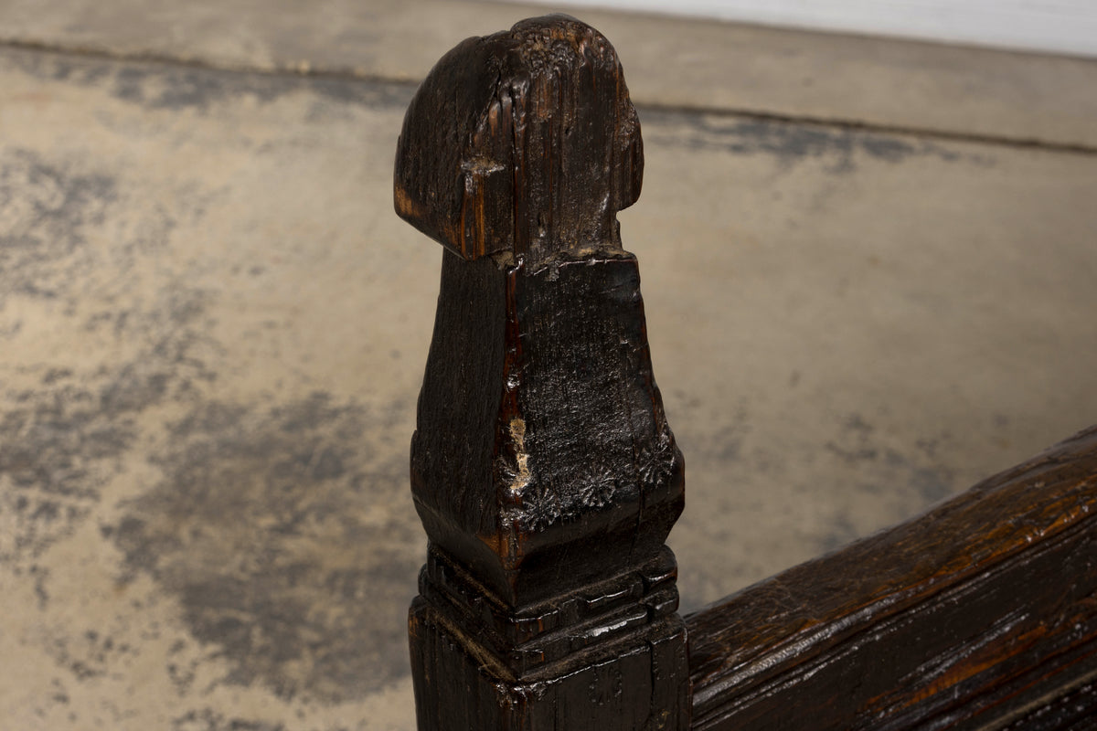 18th Century Spanish Rustic Oak Bench with Carved Panels and Dark Patina