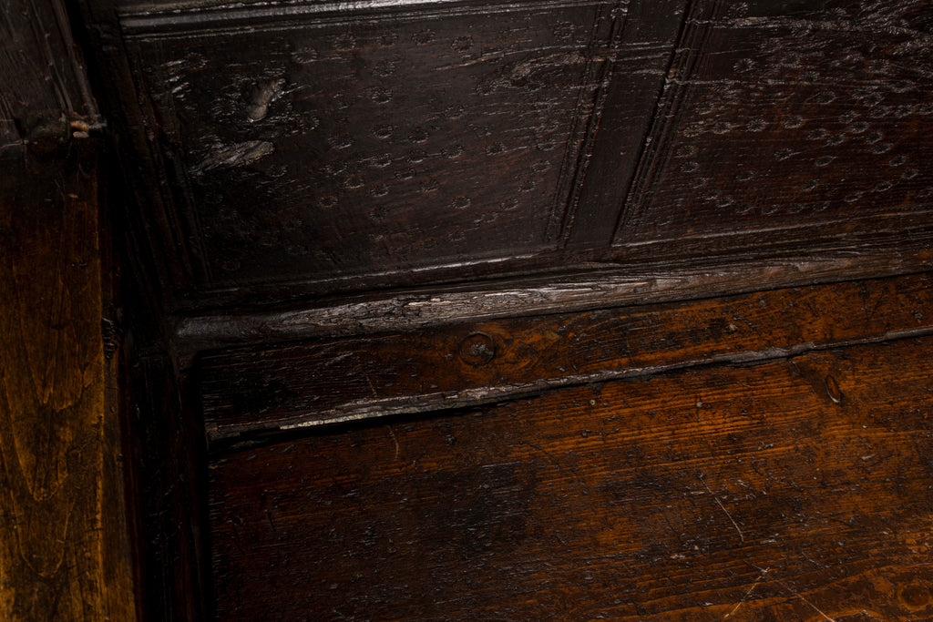 18th Century Spanish Rustic Oak Bench with Carved Panels and Dark Patina