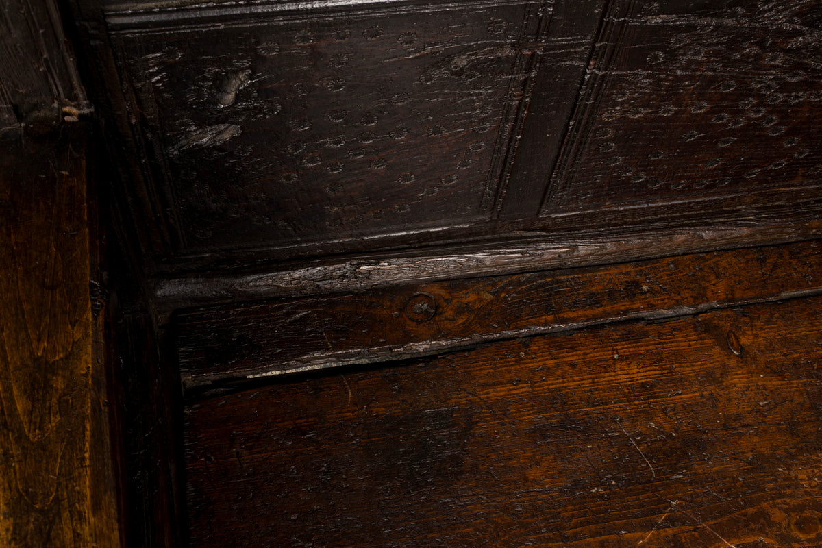 18th Century Spanish Rustic Oak Bench with Carved Panels and Dark Patina