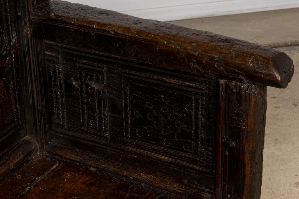 18th Century Spanish Rustic Oak Bench with Carved Panels and Dark Patina