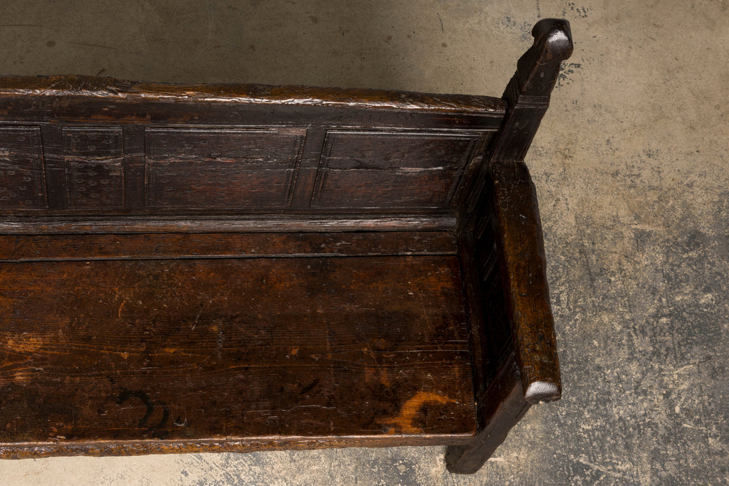 18th Century Spanish Rustic Oak Bench with Carved Panels and Dark Patina