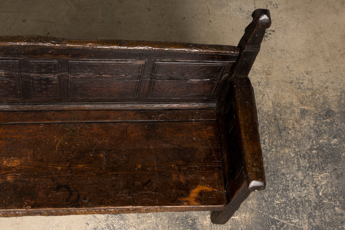 18th Century Spanish Rustic Oak Bench with Carved Panels and Dark Patina