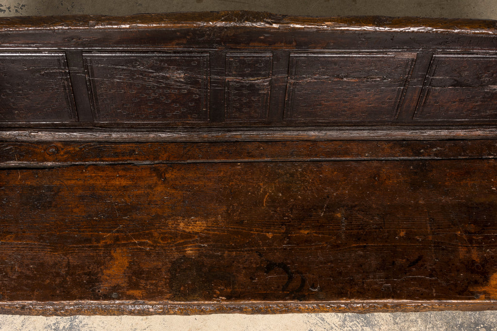 18th Century Spanish Rustic Oak Bench with Carved Panels and Dark Patina