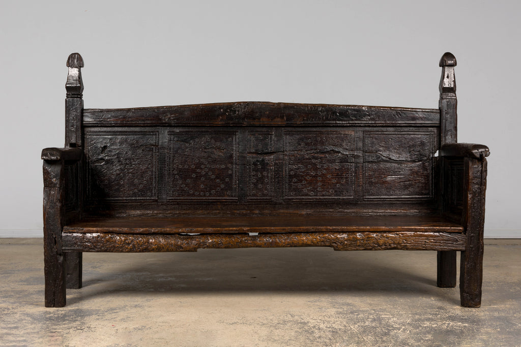 18th Century Spanish Rustic Oak Bench with Carved Panels and Dark Patina