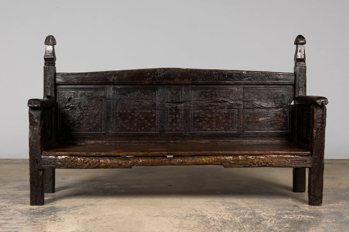 18th Century Spanish Rustic Oak Bench with Carved Panels and Dark Patina