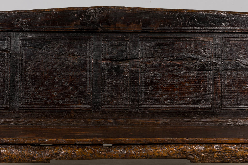 18th Century Spanish Rustic Oak Bench with Carved Panels and Dark Patina