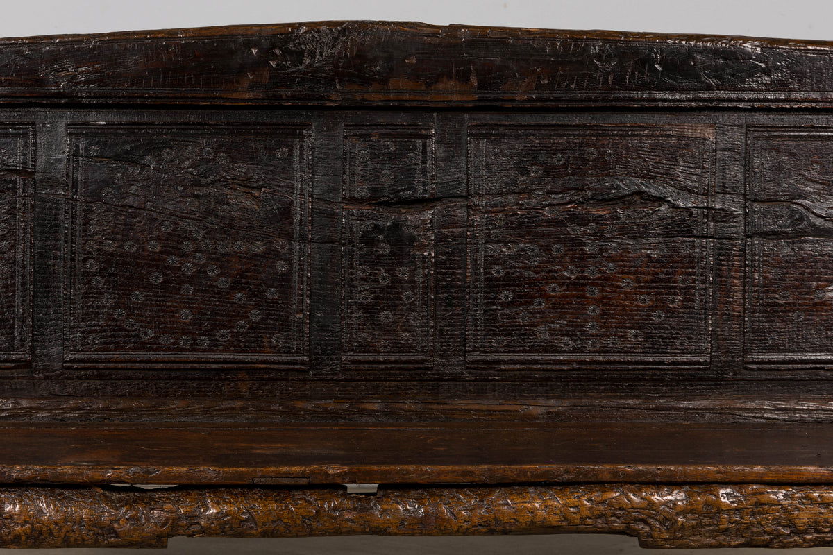 18th Century Spanish Rustic Oak Bench with Carved Panels and Dark Patina