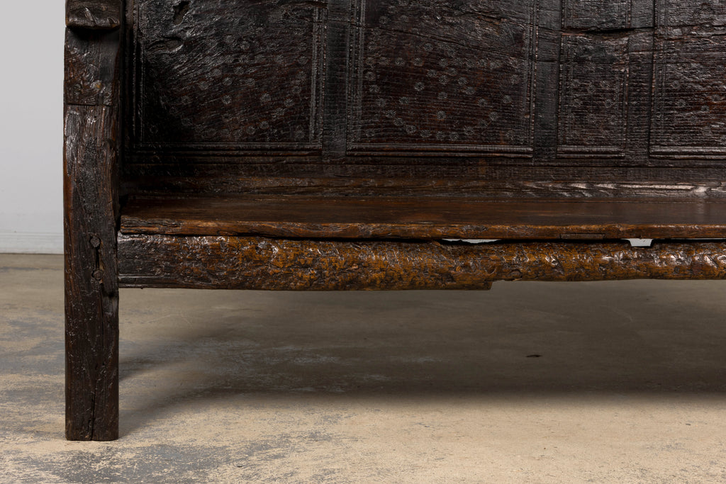 18th Century Spanish Rustic Oak Bench with Carved Panels and Dark Patina