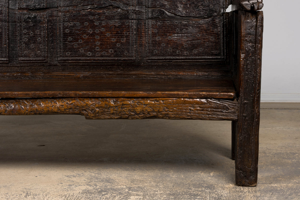 18th Century Spanish Rustic Oak Bench with Carved Panels and Dark Patina