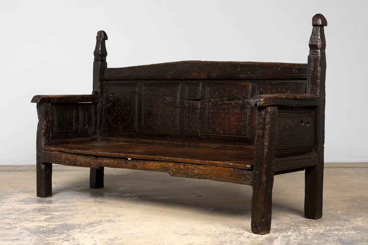 18th Century Spanish Rustic Oak Bench with Carved Panels and Dark Patina