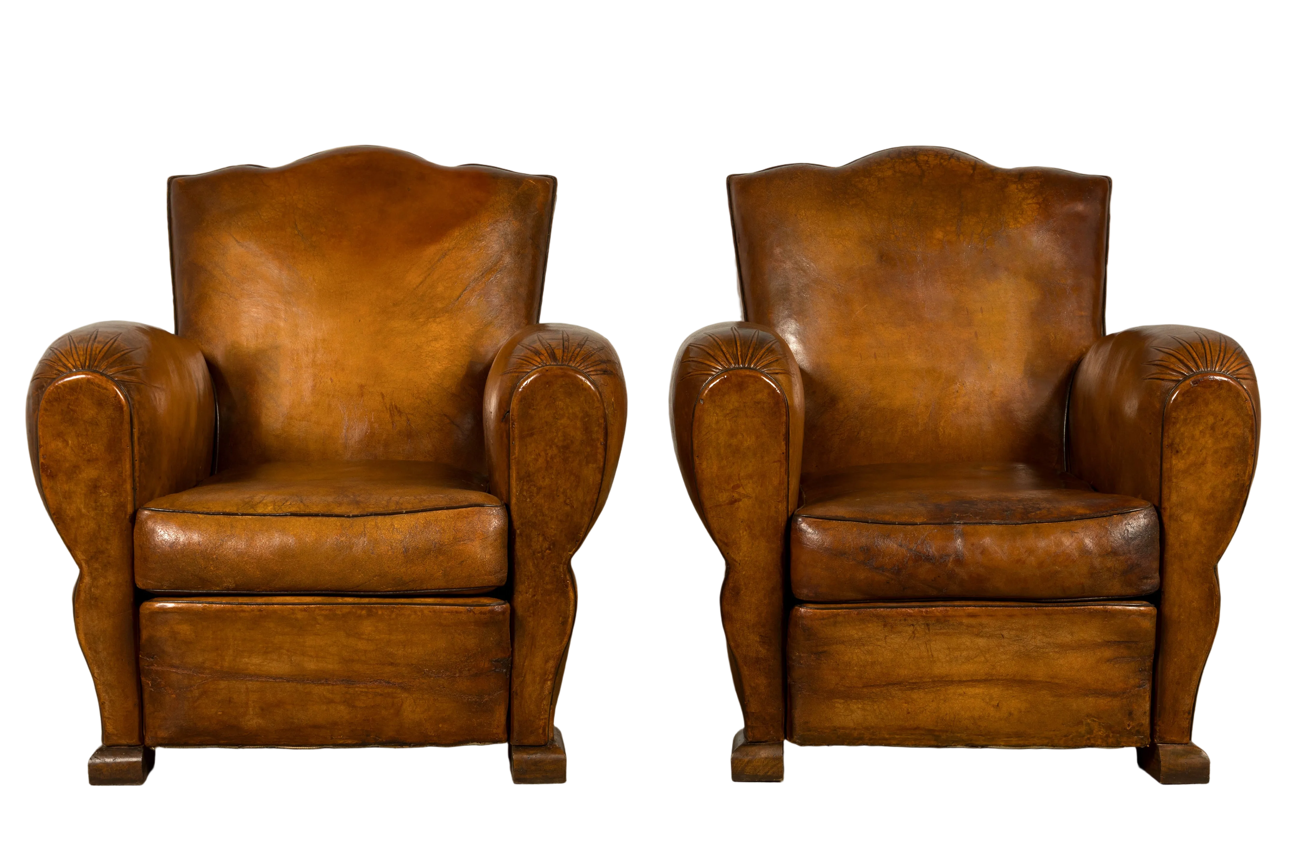 1920s French Art Deco Scalloped Back Cognac Leather Club Chairs – A Pair