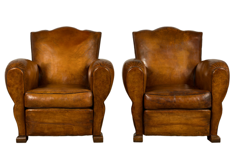 1920s French Art Deco Scalloped Back Cognac Leather Club Chairs – A Pair