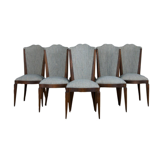 1920s French Art Deco Maple Dining Chairs W/ Striped Blue and White Chenille - Set of 6