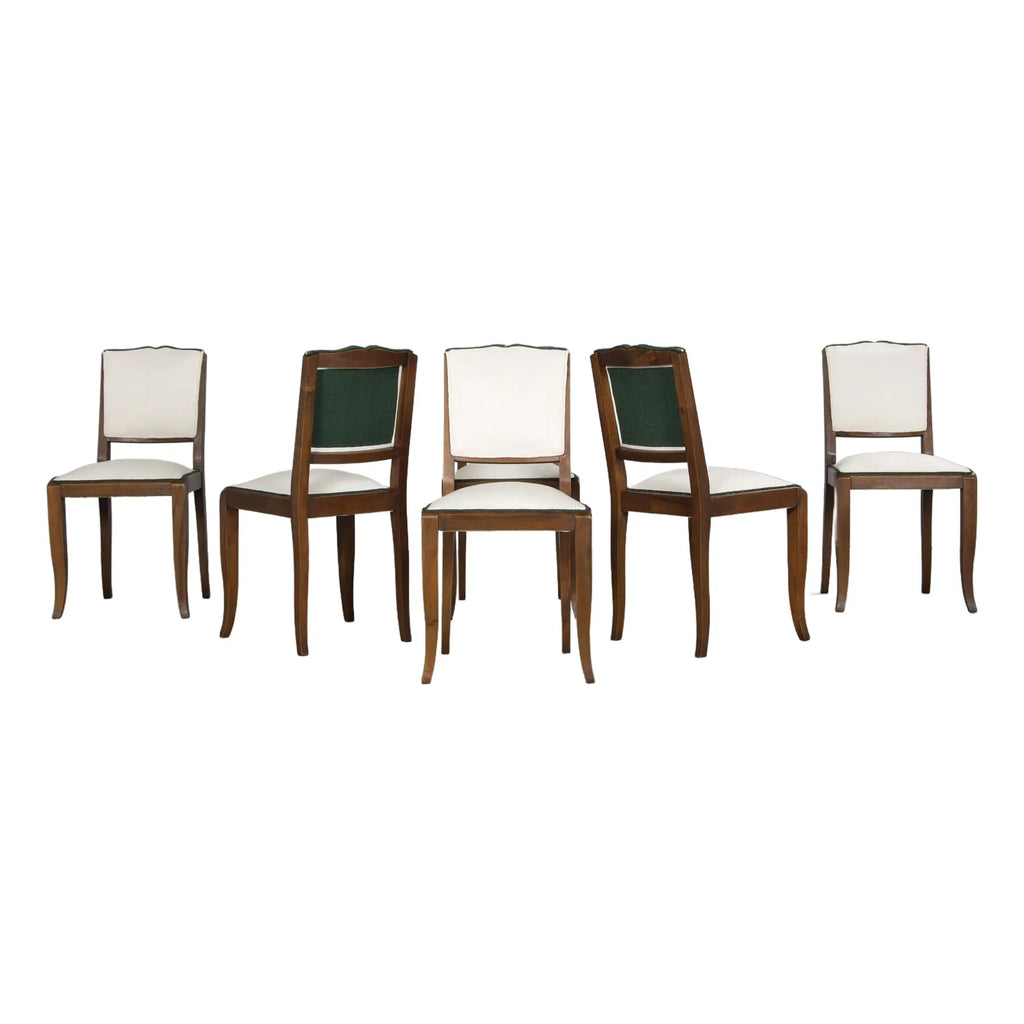 1920s French Art Deco Mustache Back Dining Chairs In Off-White and Green - Set of 6