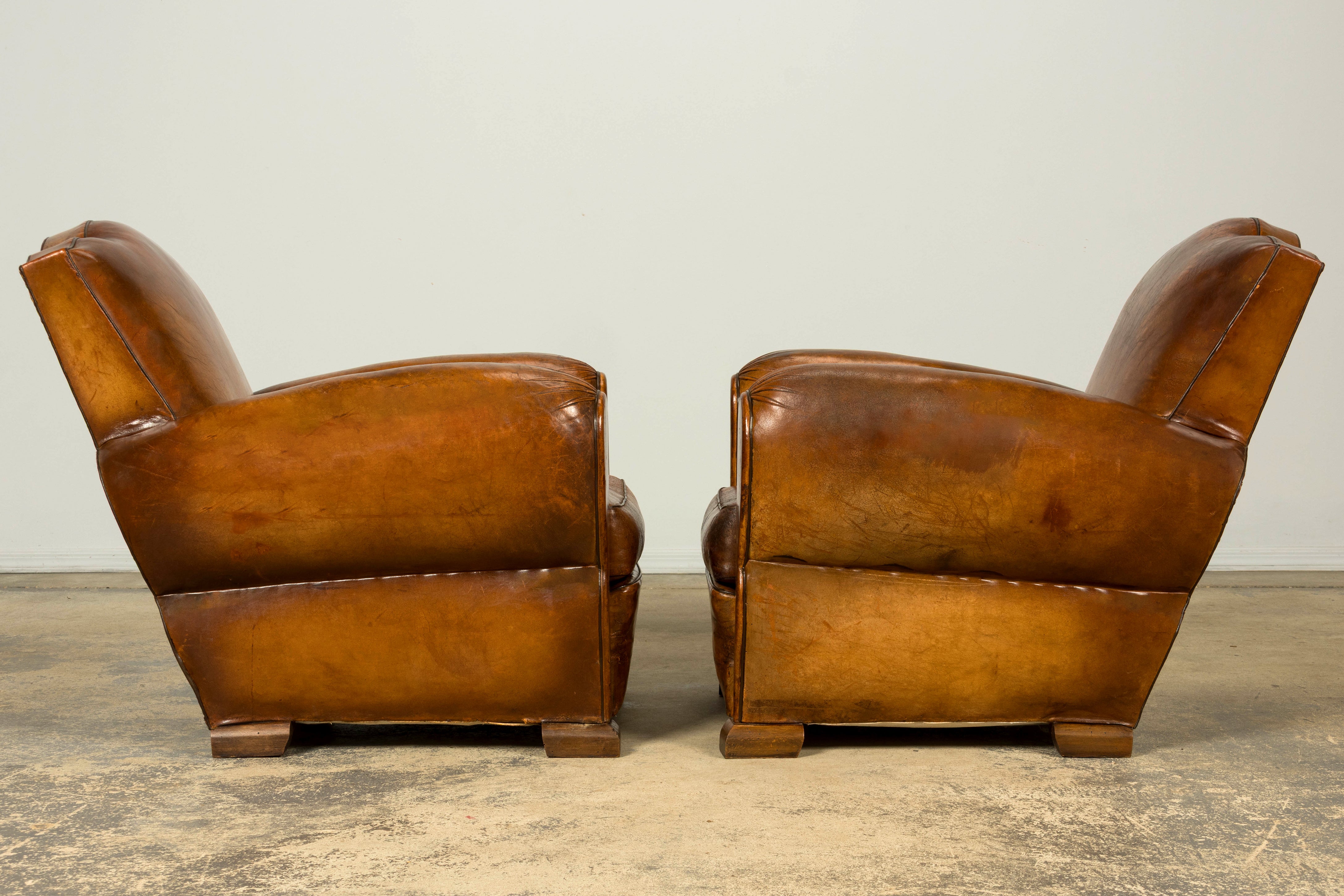 1920s French Art Deco Scalloped Back Cognac Leather Club Chairs – A Pair