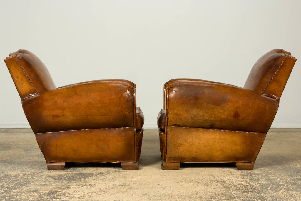 1920s French Art Deco Scalloped Back Cognac Leather Club Chairs – A Pair