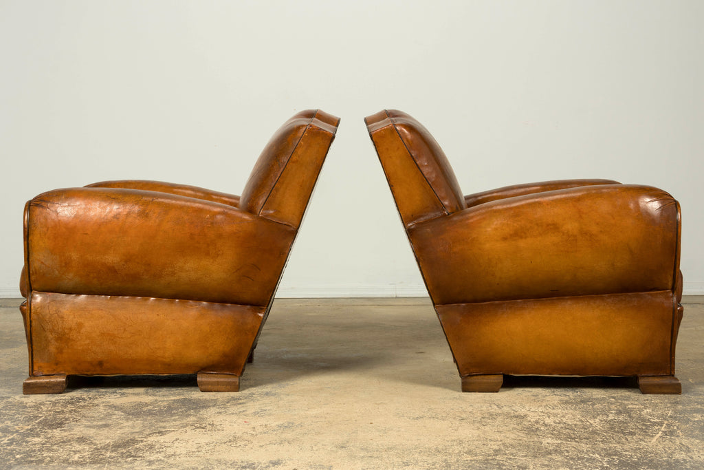 1920s French Art Deco Scalloped Back Cognac Leather Club Chairs – A Pair