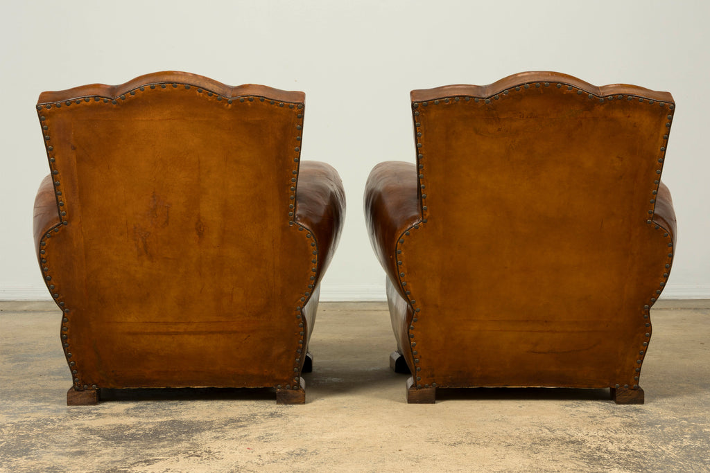 1920s French Art Deco Scalloped Back Cognac Leather Club Chairs – A Pair