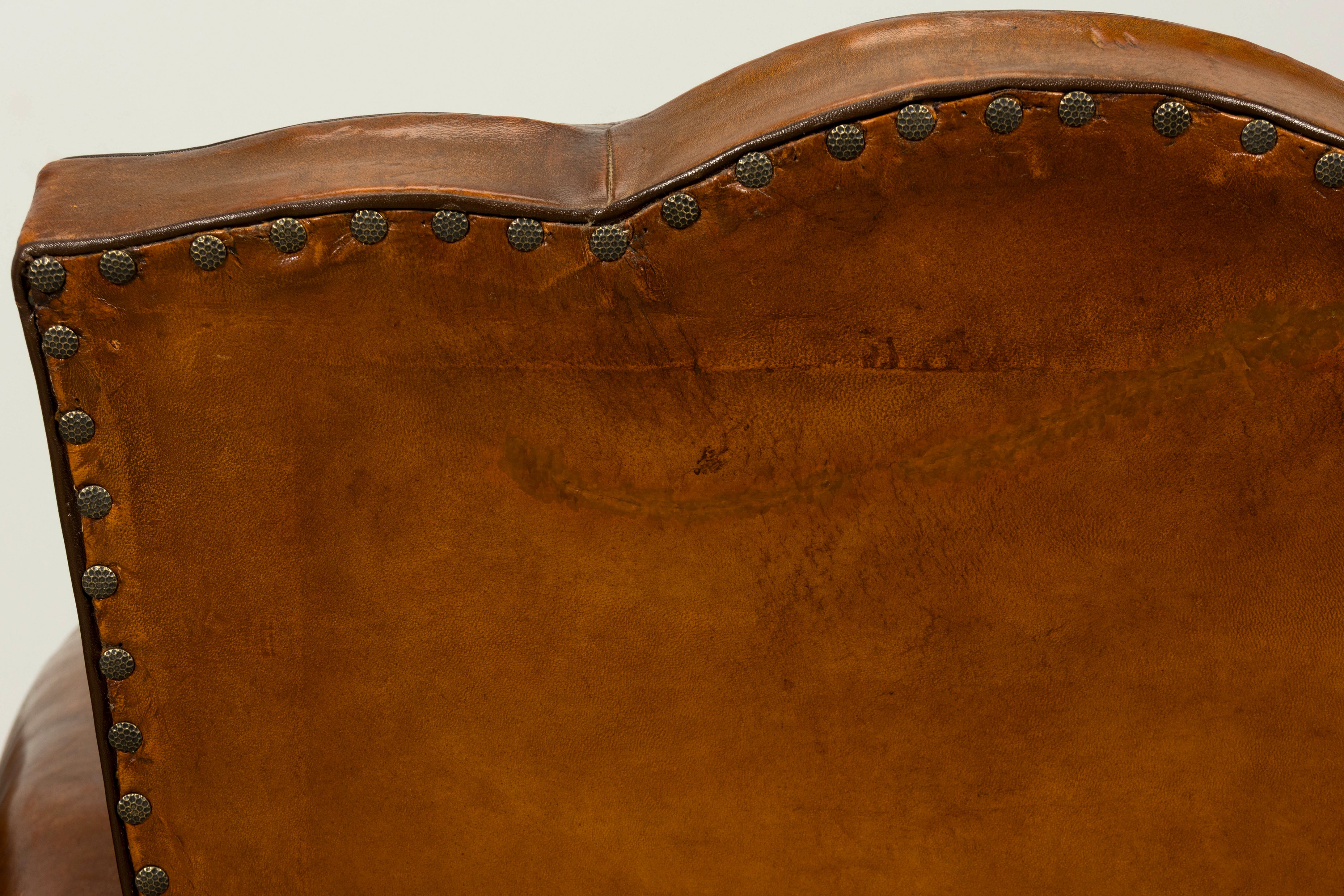 1920s French Art Deco Scalloped Back Cognac Leather Club Chairs – A Pair