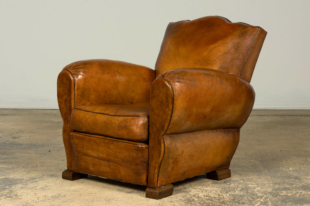 1920s French Art Deco Scalloped Back Cognac Leather Club Chairs – A Pair