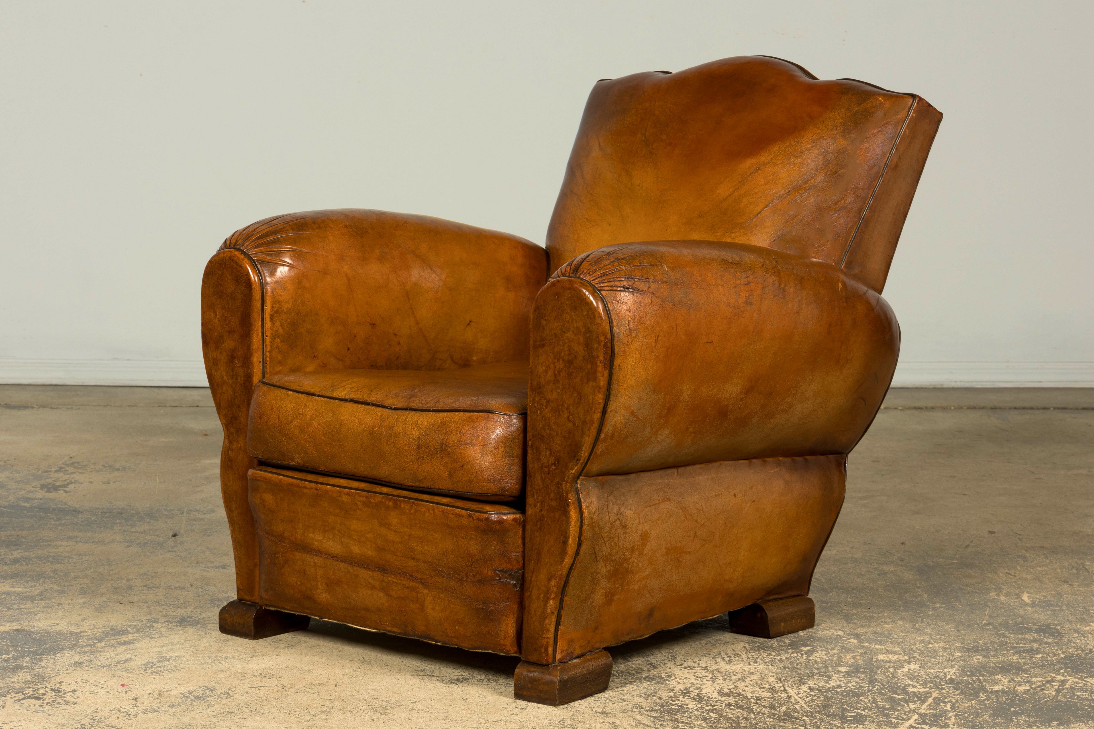 1920s French Art Deco Scalloped Back Cognac Leather Club Chairs – A Pair