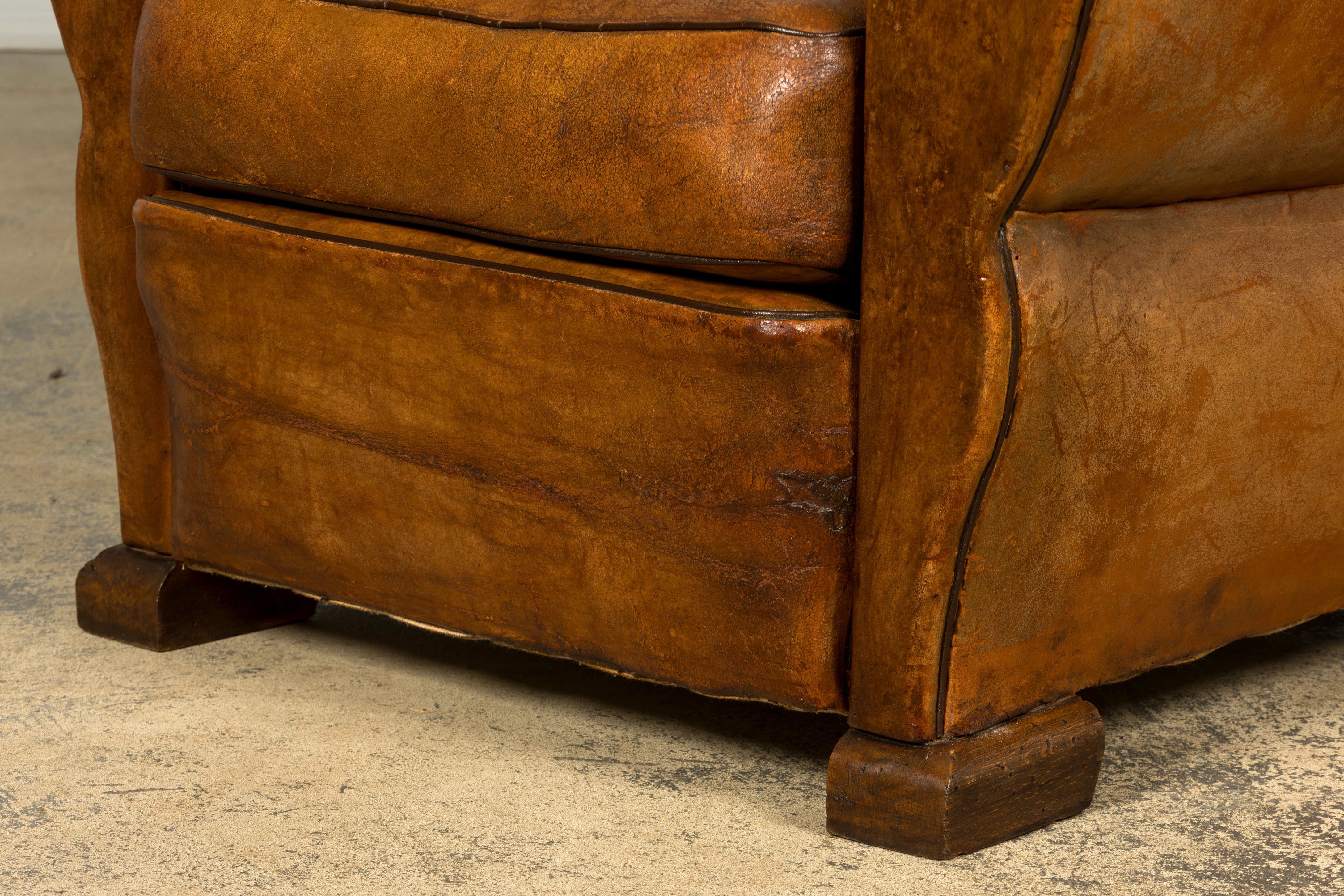 1920s French Art Deco Scalloped Back Cognac Leather Club Chairs – A Pair