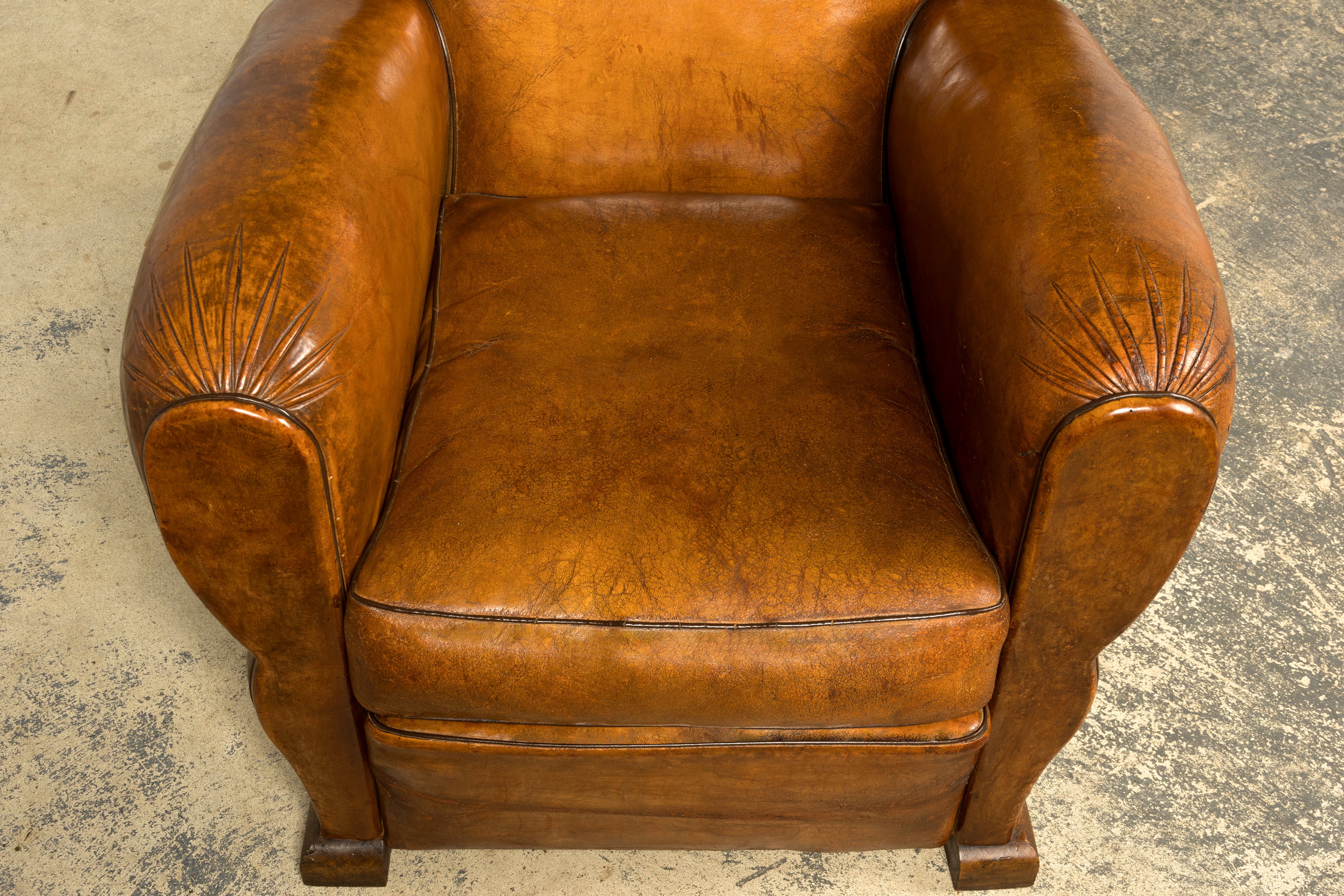 1920s French Art Deco Scalloped Back Cognac Leather Club Chairs – A Pair