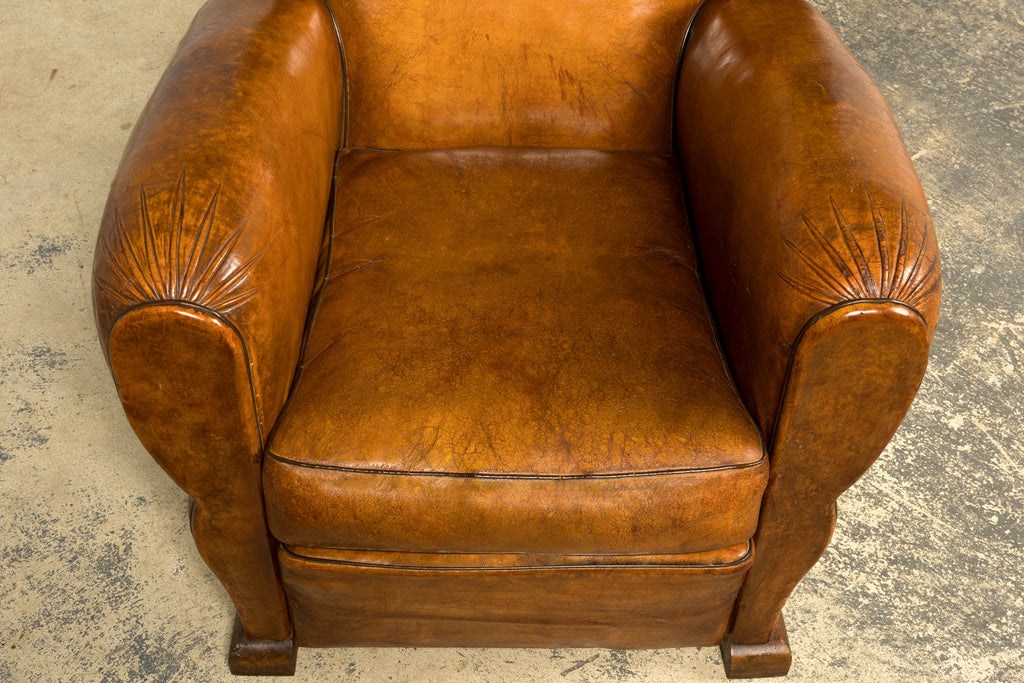 1920s French Art Deco Scalloped Back Cognac Leather Club Chairs – A Pair