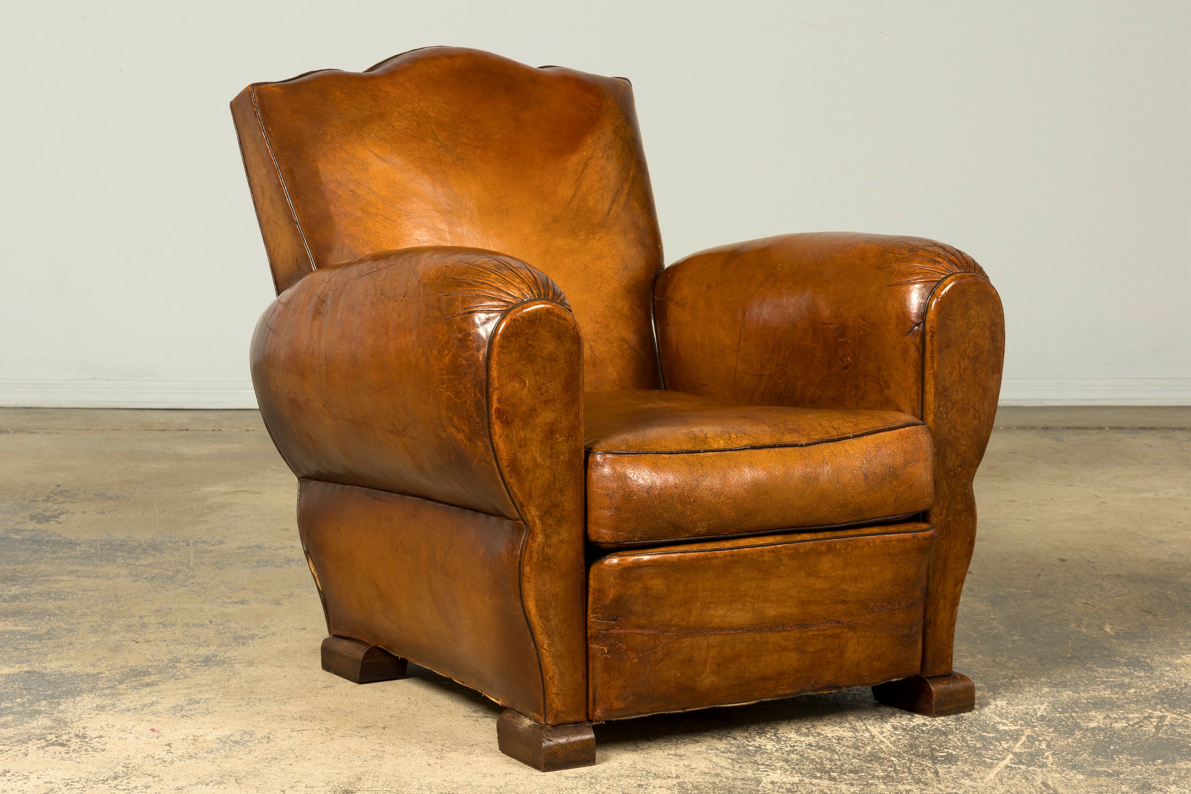 1920s French Art Deco Scalloped Back Cognac Leather Club Chairs – A Pair