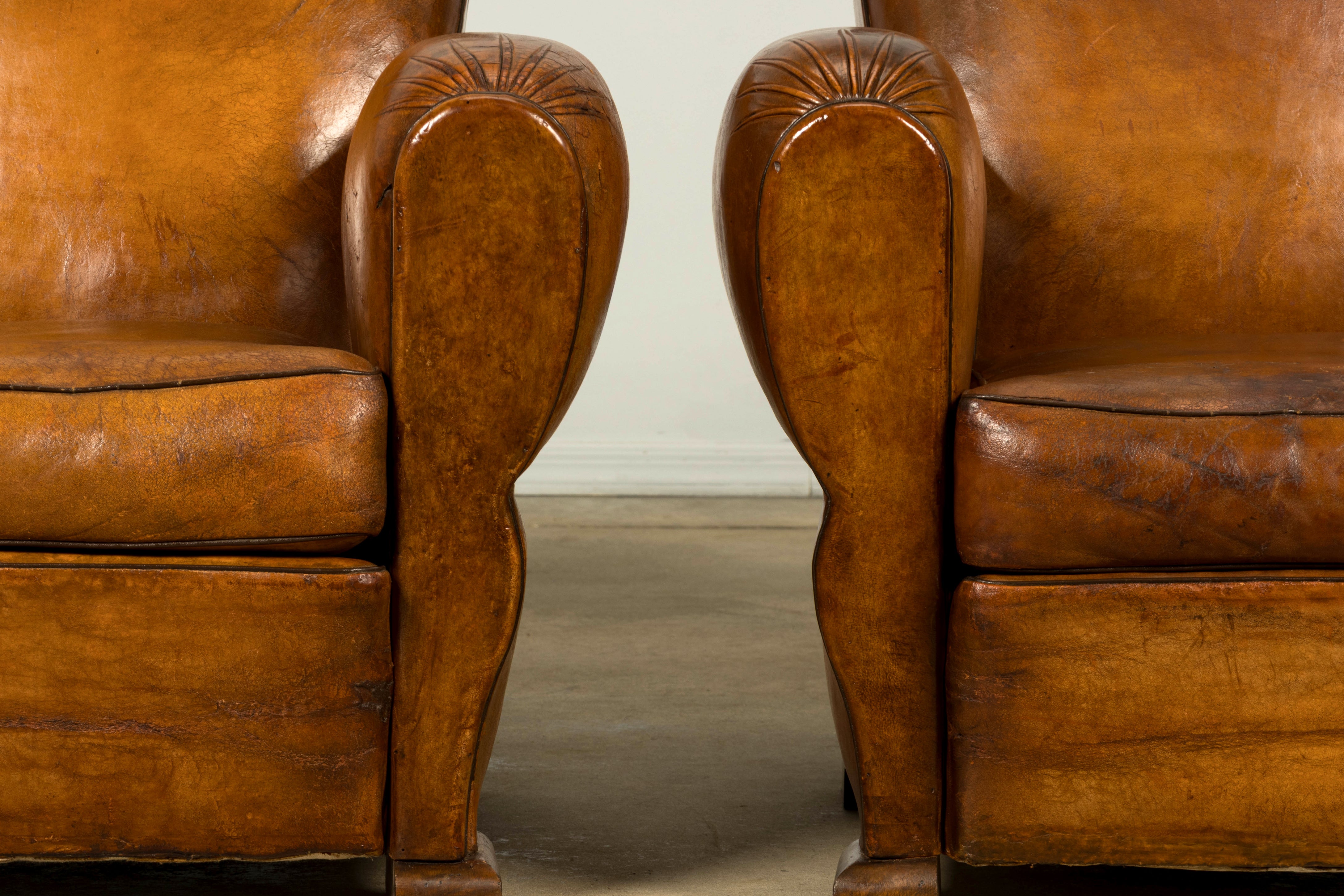 1920s French Art Deco Scalloped Back Cognac Leather Club Chairs – A Pair