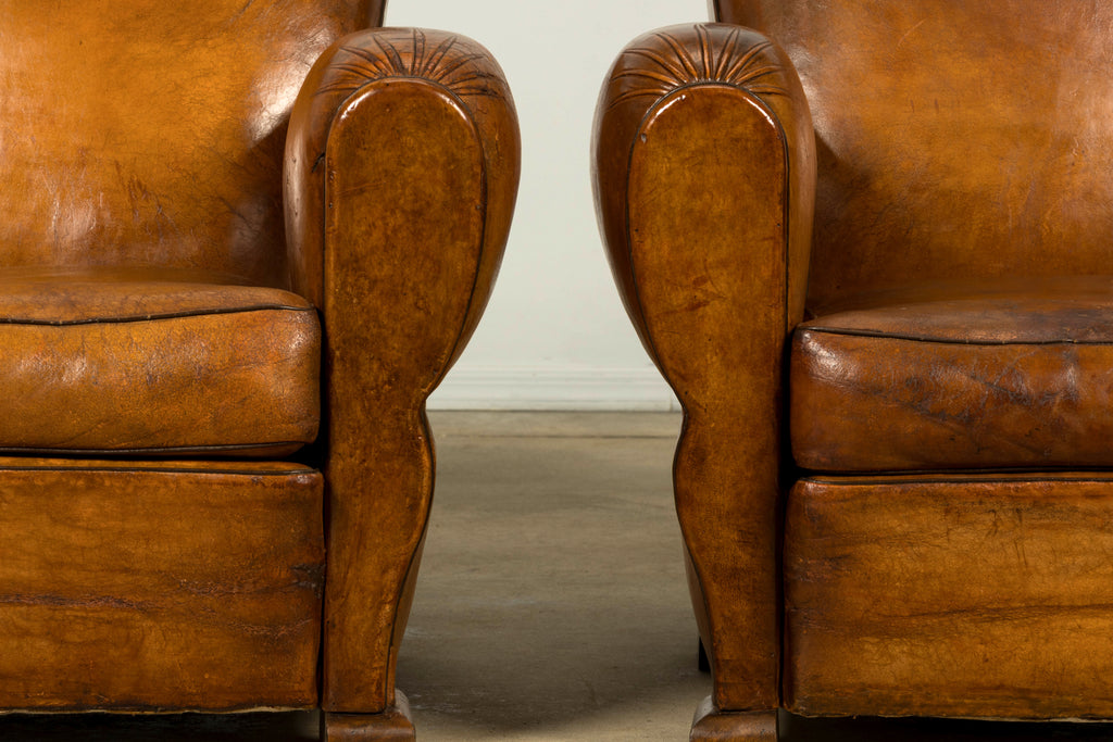 1920s French Art Deco Scalloped Back Cognac Leather Club Chairs – A Pair
