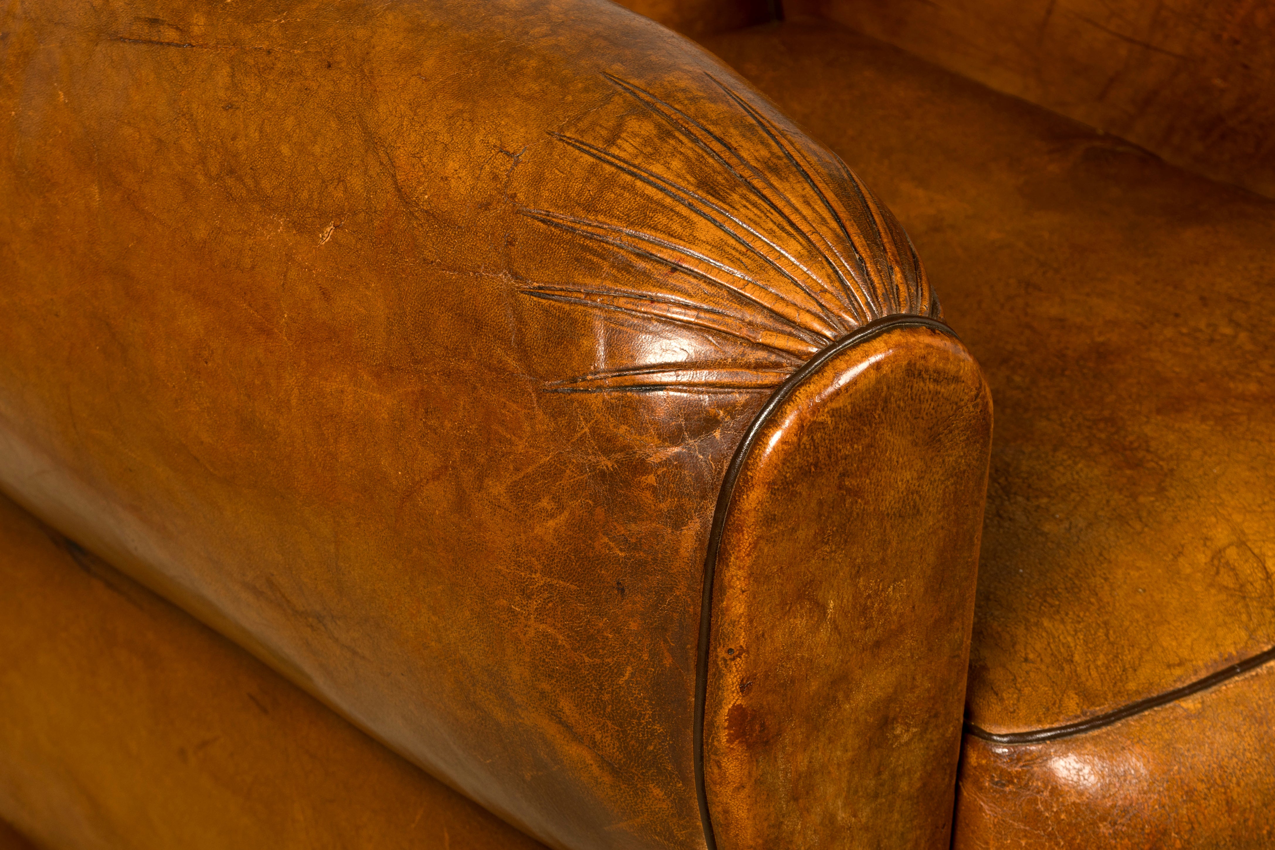 1920s French Art Deco Scalloped Back Cognac Leather Club Chairs – A Pair