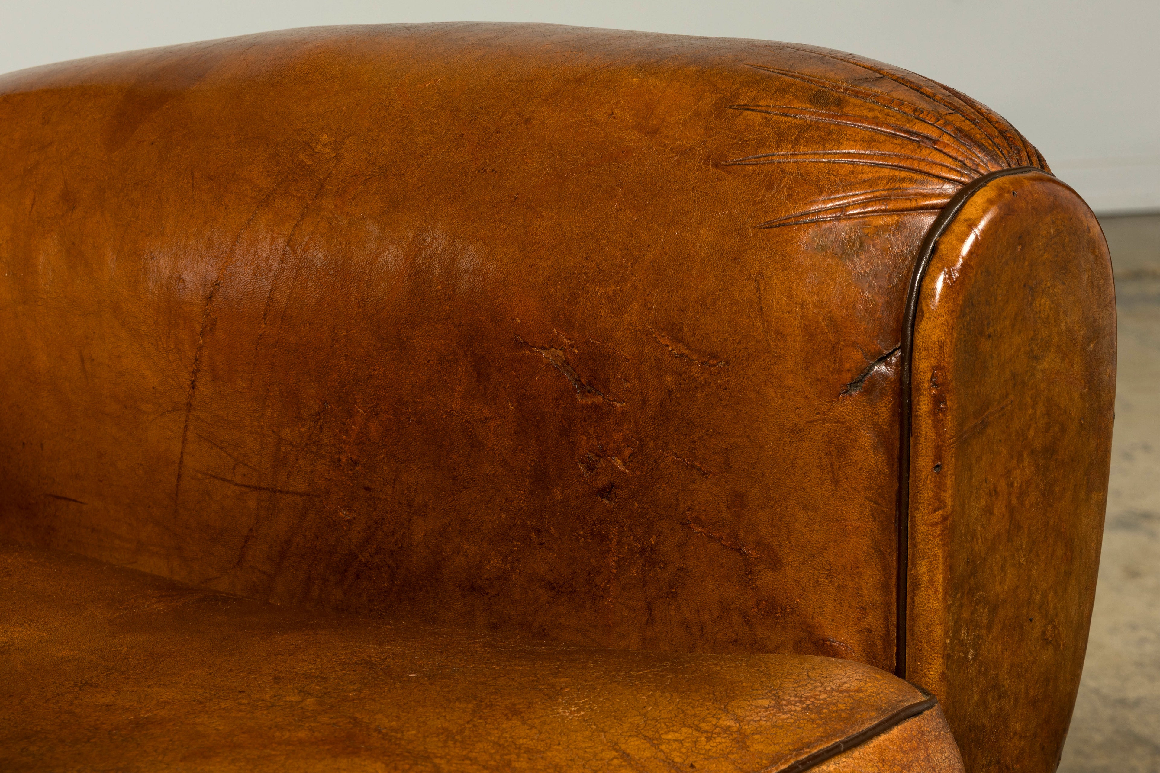 1920s French Art Deco Scalloped Back Cognac Leather Club Chairs – A Pair