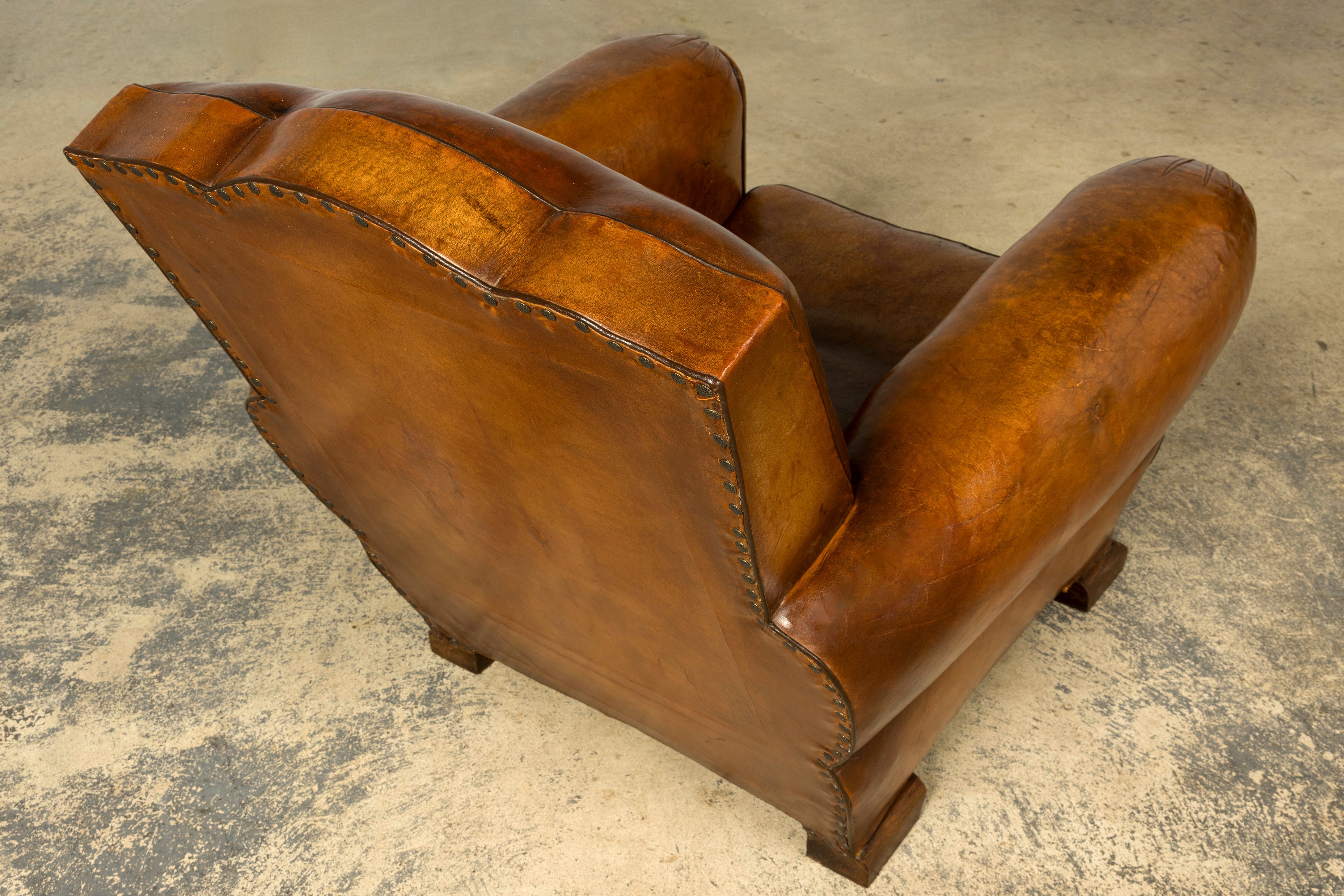 1920s French Art Deco Scalloped Back Cognac Leather Club Chairs – A Pair