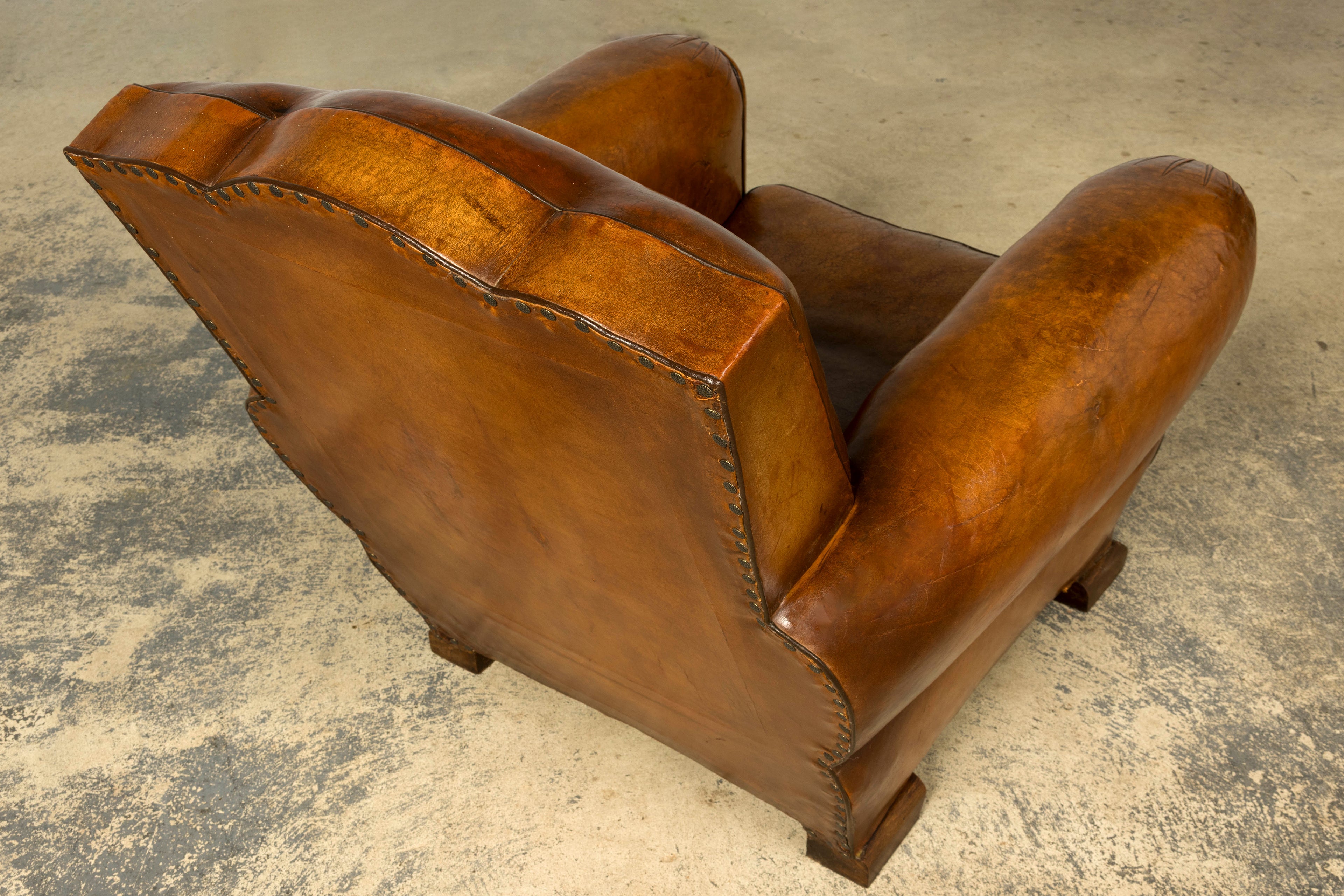 1920s French Art Deco Scalloped Back Cognac Leather Club Chairs – A Pair